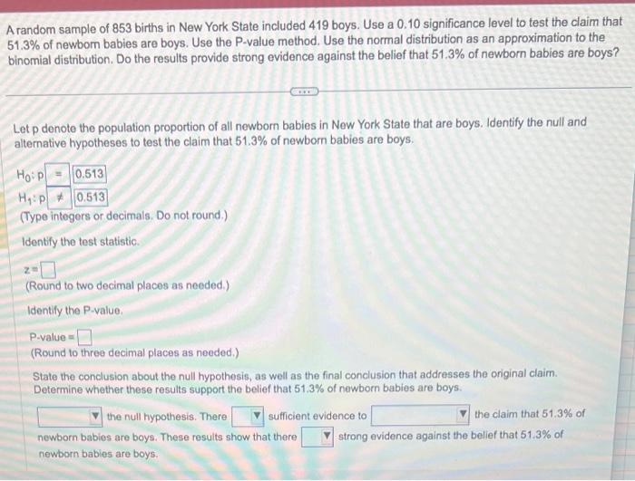 Solved A random sample of 853 births in New York State | Chegg.com