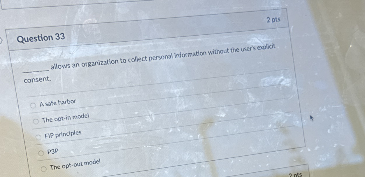 Solved Question 33allows an organization to collect personal | Chegg.com
