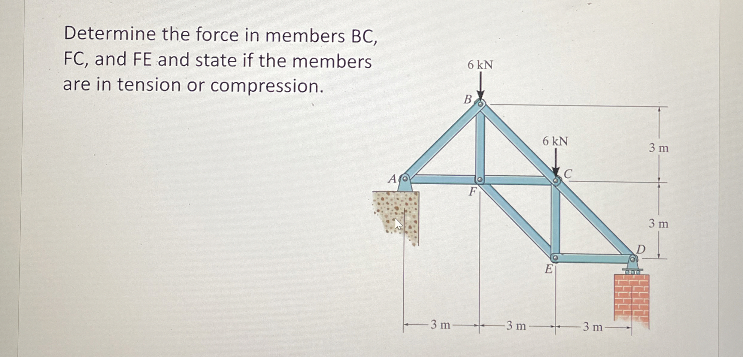 Solved Determine the force in members BC, ﻿FC, ﻿and FE and | Chegg.com