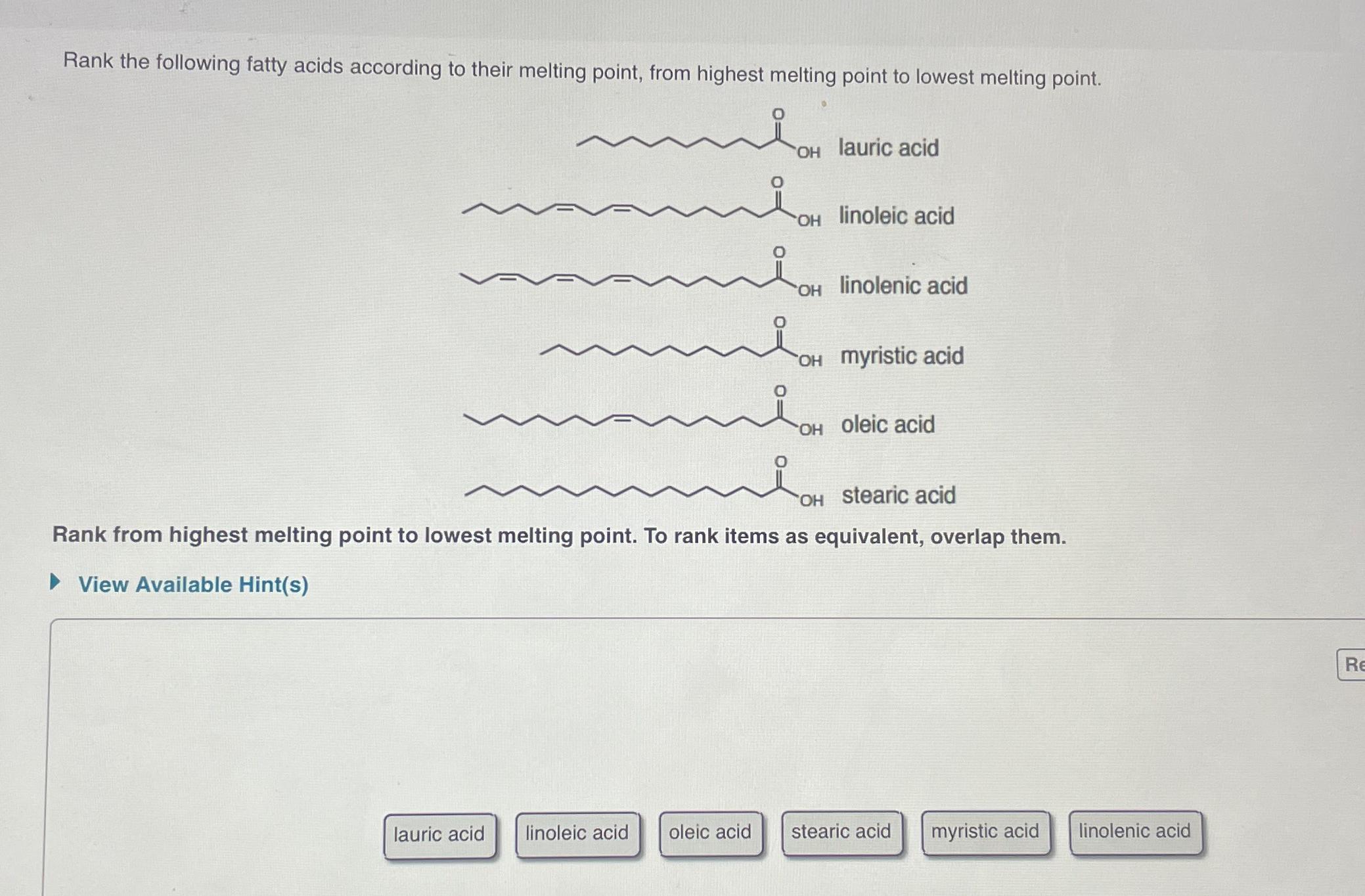 Solved Rank the following fatty acids according to their