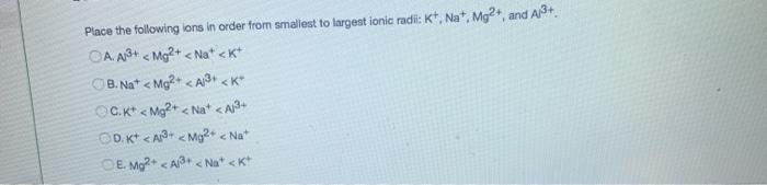 Solved Place the following ions in order from smallest to | Chegg.com