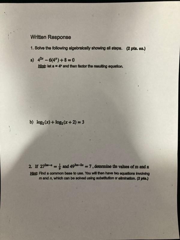 Solved Written Response 1. Solve the following algebraically | Chegg.com