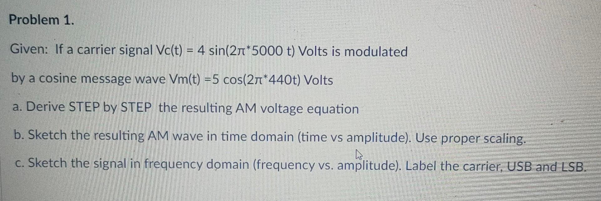 Solved Problem 1. Given: If a carrier signal Vc(t) = 4 | Chegg.com