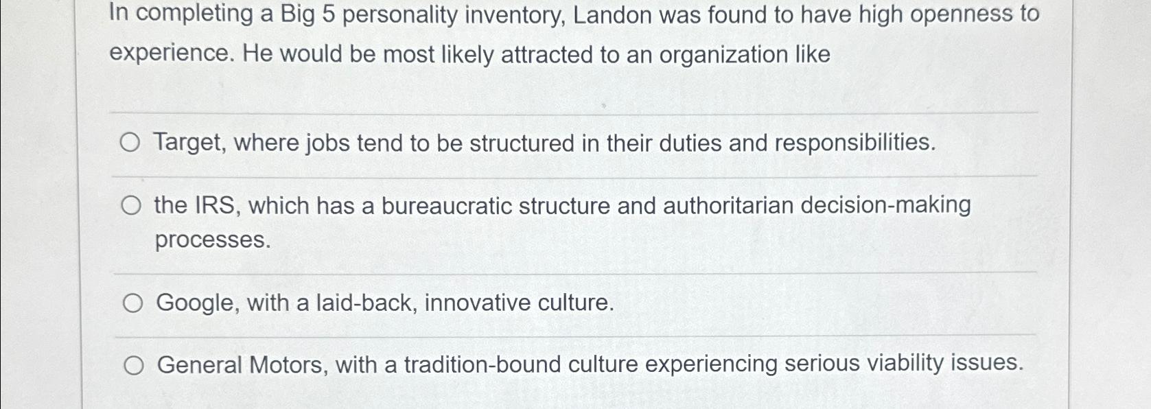 Solved In Completing A Big 5 ﻿personality Inventory, Landon | Chegg.com