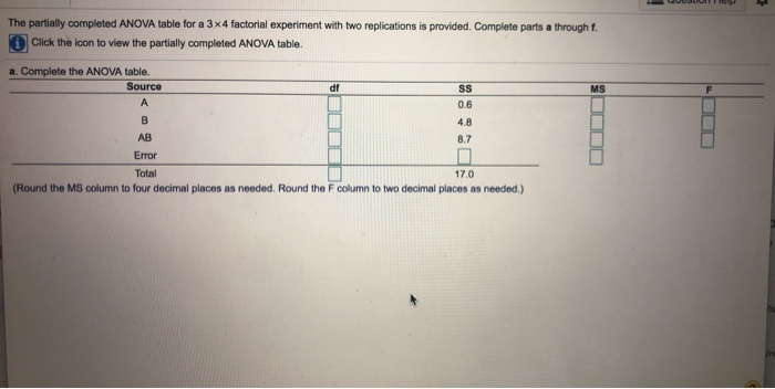 Solved The partially completed ANOVA table for a 3 x 4 | Chegg.com