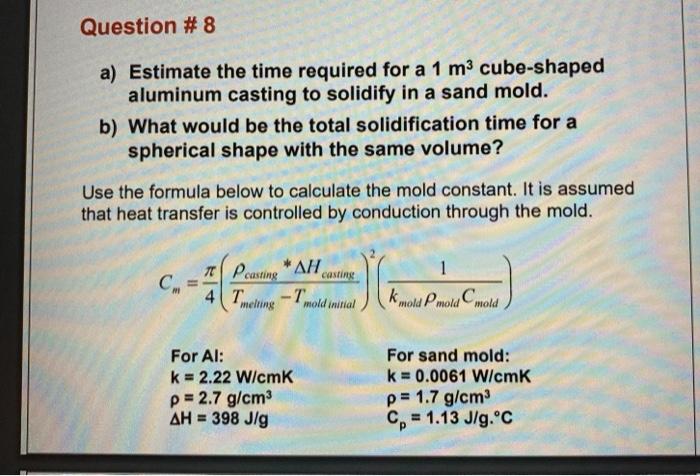Solved Question 8 A Estimate The Time Required For A 1 M3 Chegg Com