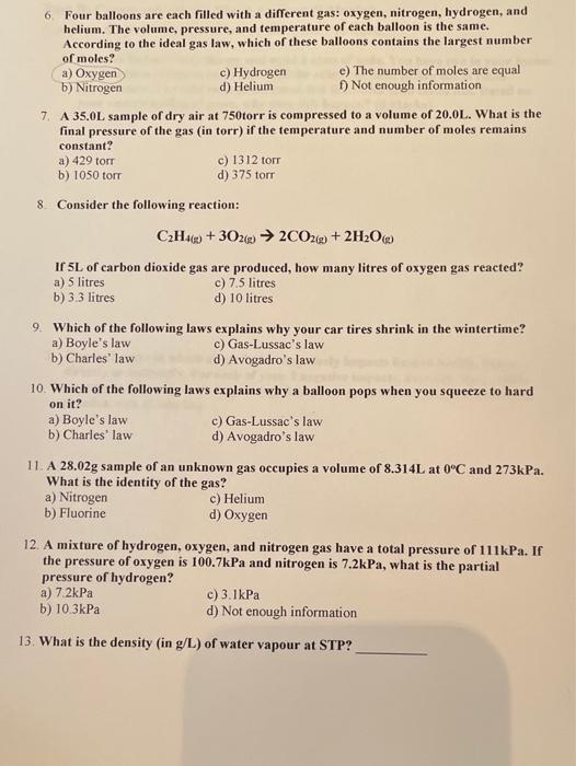 Solved 6. Four balloons are each filled with a different | Chegg.com