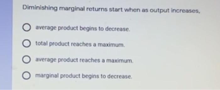 Solved Diminishing marginal returns start when as output | Chegg.com