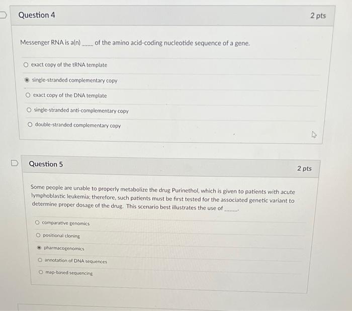Solved Question 4 2 pts Messenger RNA is a(n) ___ of the | Chegg.com