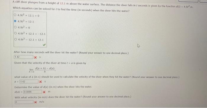 Solved A cliff diver plunges from a height of 12.1 m above | Chegg.com