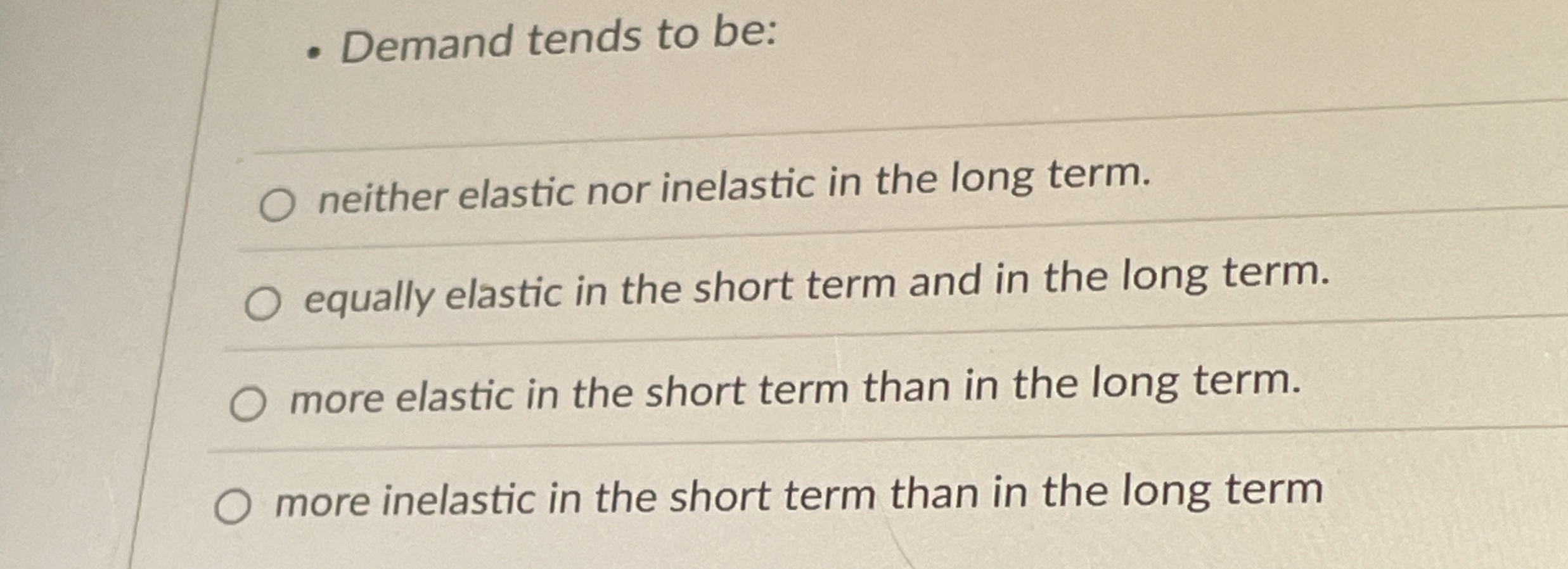 Solved Demand tends to be:neither elastic nor inelastic in | Chegg.com