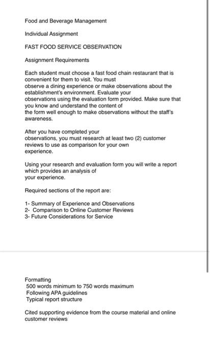 Solved Food and Beverage Management Individual Assignment | Chegg.com