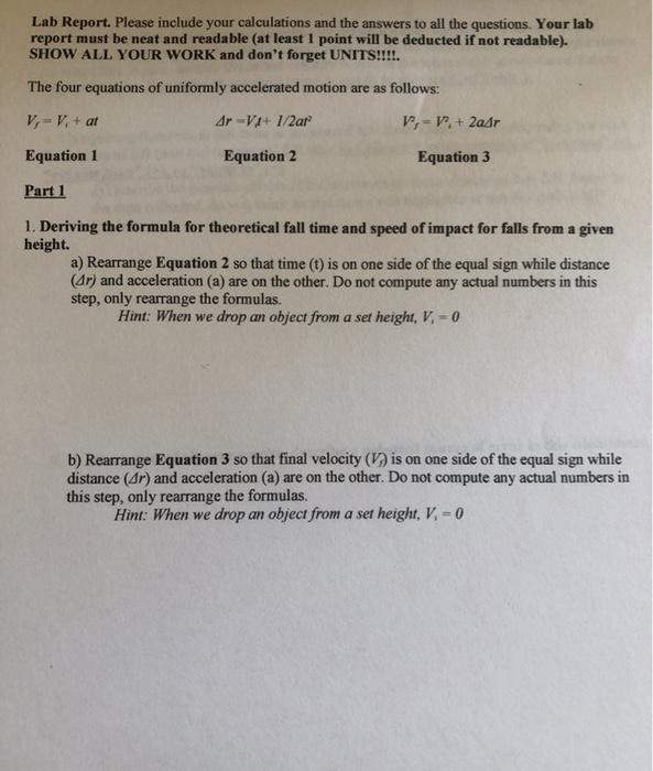 Solved Lab Report. Please Include Your Calculations And The | Chegg.com