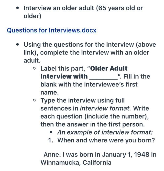 Solved • Interview An Older Adult (65 Years Old Or Older) | Chegg.com