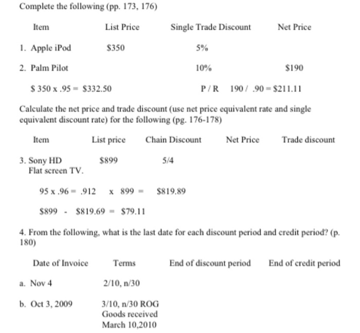 Solved Complete the following (pp. 173, 176) Item List Price