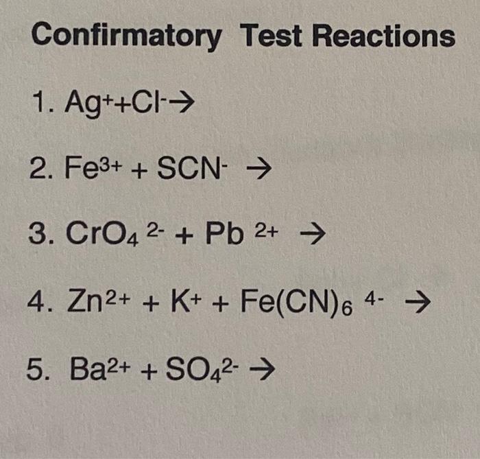 Solved Confirmatory Test Reactions 1. Ag++Cl− 2. Fe3++SCN−→