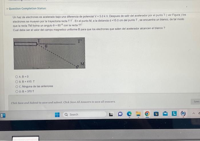 Un haz de electrones es acelerado bajo una diferencia de potencial \( \mathrm{V}=5.0 \mathrm{kV} \). Despues de salir del ace