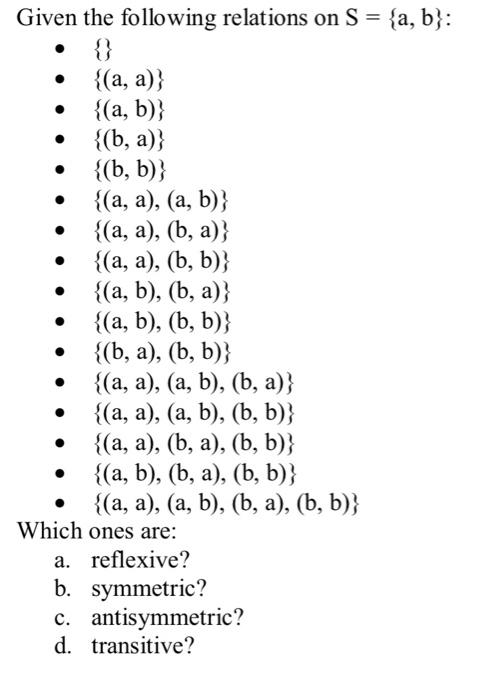 Solved Given The Following Relations On S = {a, B}: • {(a, | Chegg.com