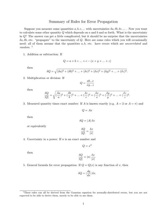 Solved Using The Rules Of Error Propagation, Please Show The | Chegg.com