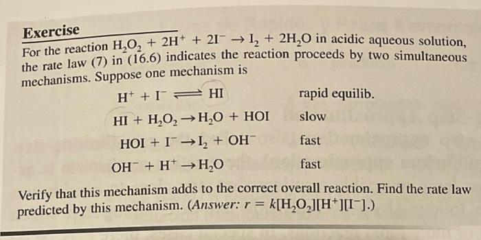 Solved Exercise For the reaction H2O2+2H++2I−→I2+2H2O in | Chegg.com