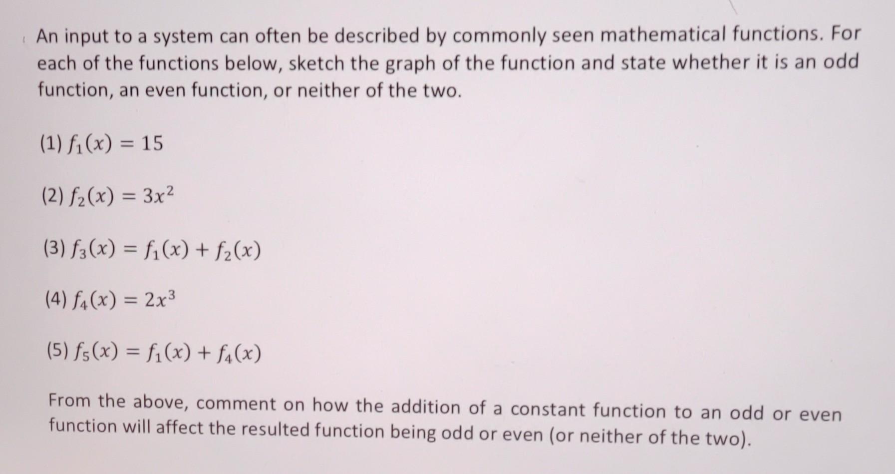 An input to a system can often be described by commonly seen mathematical functions. For each of the functions below, sketch