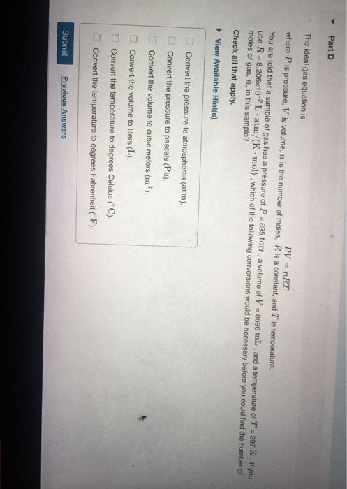 Solved Part B The equation for molarity, M, is M where V is | Chegg.com