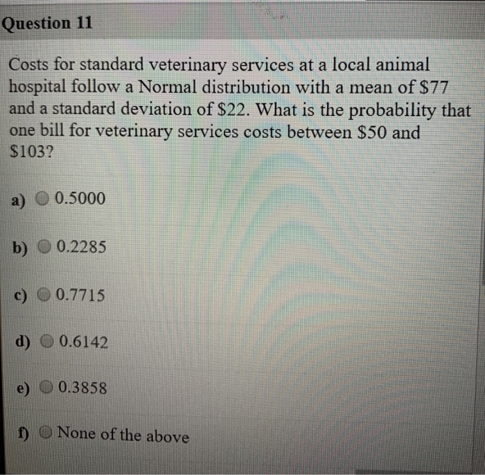 Solved Question 11 Costs for standard veterinary services at