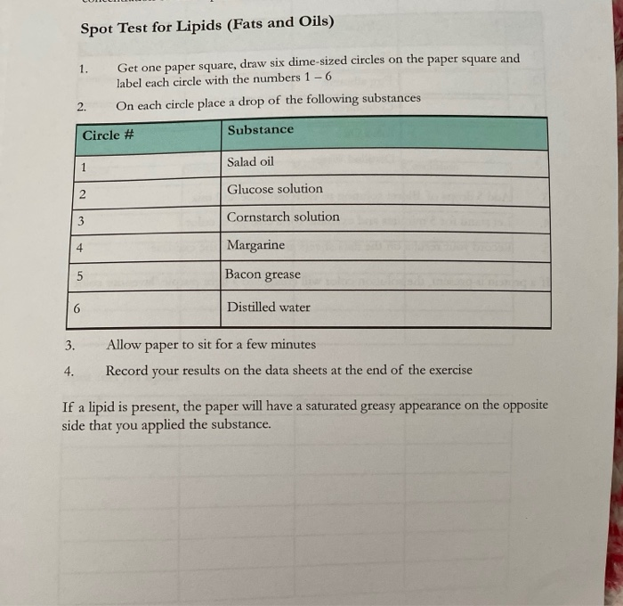 Solved Spot Test for Lipids (Fats and Oils) 1. Get one paper | Chegg.com