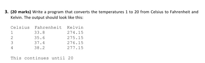 3. (20 marks) Write a program that converts the temperatures 1 to 20 from Celsius to Fahrenheit and Kelvin. The output should