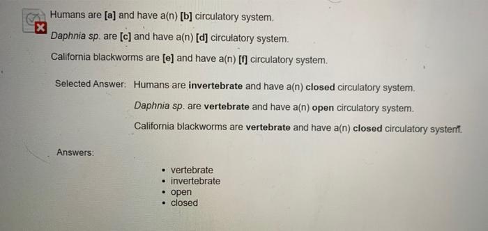 Solved Humans Are [a] And Have An) [b] Circulatory System. X | Chegg.com