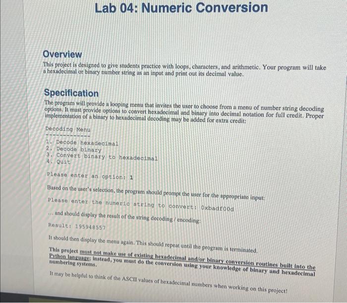 Solved Lab 04: Numeric Conversion Overview This Project Is | Chegg.com