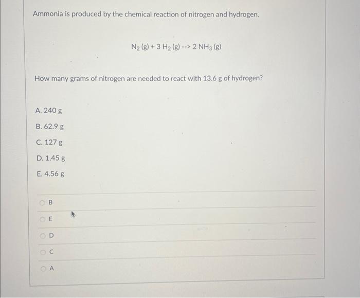 Solved Ammonia is produced by the chemical reaction of | Chegg.com