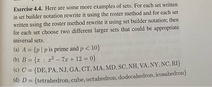 Solved Exercise 4.4. Here are some more examples of sets. | Chegg.com