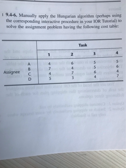 1 9.4-6. Manually apply the Hungarian algorithm (perhaps using the corresponding interactive procedure in your IOR Tutorial)