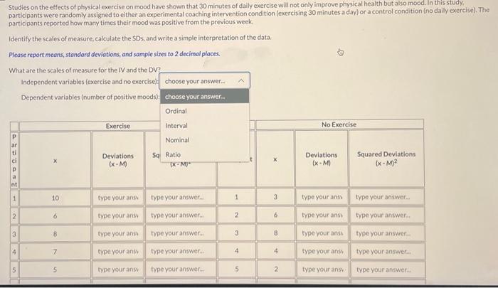 Solved Independent variables (exercise and no exercise): | Chegg.com