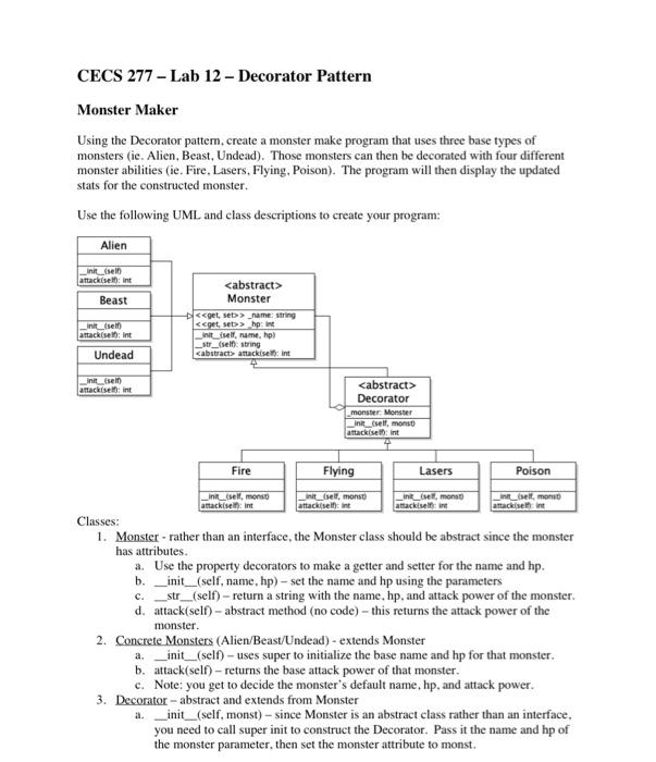 CECS 277 - Lab 12 - Decorator Pattern Monster Maker | Chegg.com