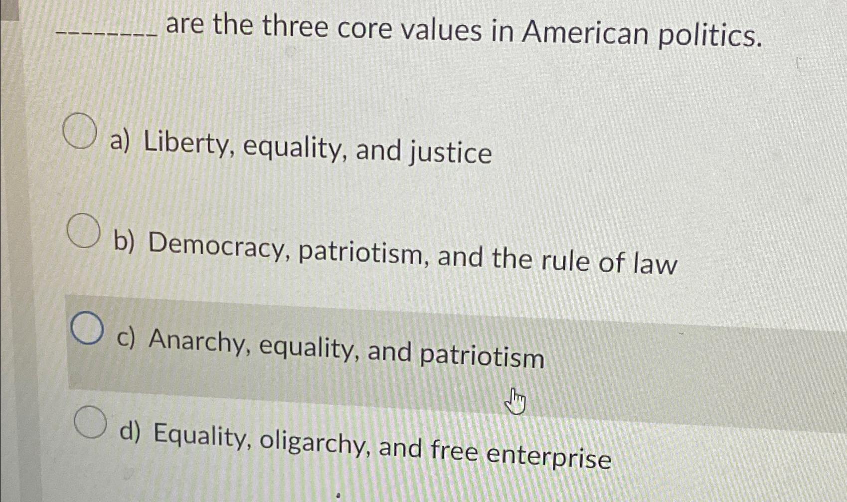 Solved Are The Three Core Values In American Politics.a) | Chegg.com