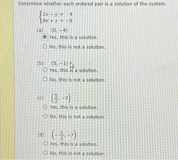 Solved Determine whether each ordered pair is a solution of | Chegg.com
