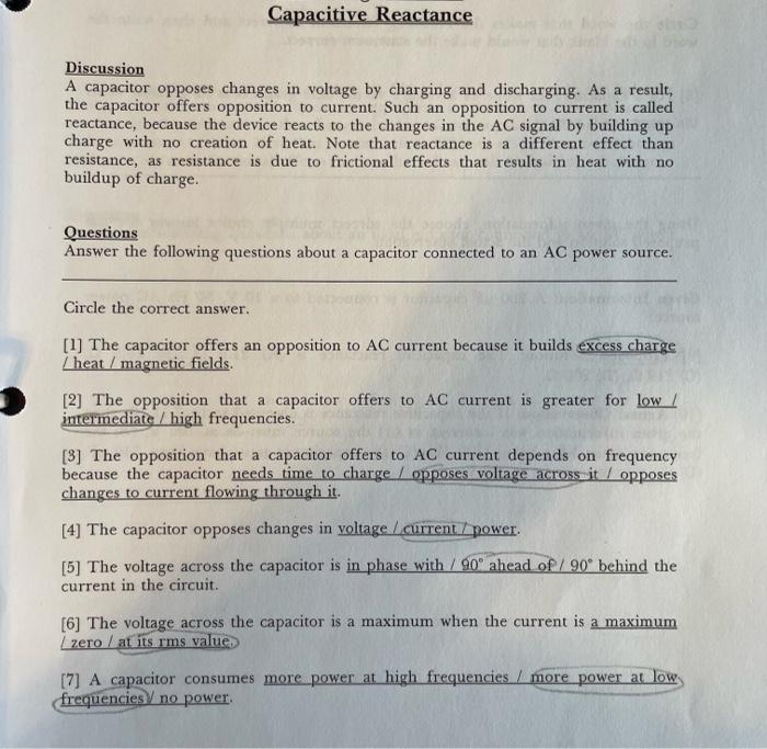 Solved Capacitive Reactance Discussion A capacitor opposes