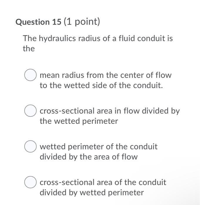 Solved Question 15 (1 point) The hydraulics radius of a