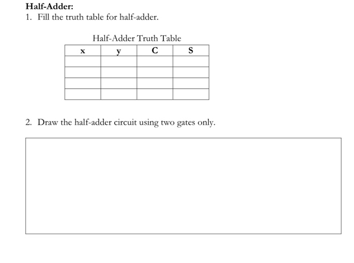 Solved Half-Adder: 1. Fill the truth table for half-adder. | Chegg.com