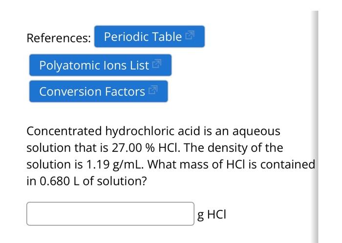 Solved Concentrated hydrochloric acid is an aqueous solution | Chegg.com