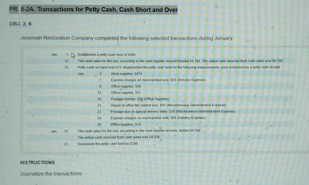Solved PR 8-2A. Transactions for Petty Cash, Cash Short and | Chegg.com