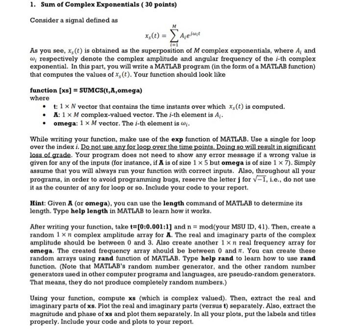 Solved 1. Sum of Complex Exponentials ( 30 points) Consider | Chegg.com