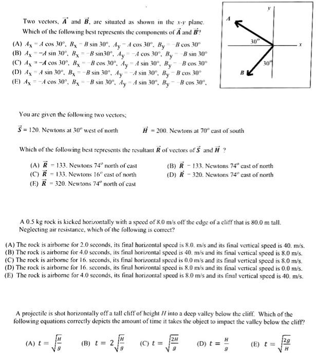 Two vectors, A and B. are situated as shown in the x-y plane.
Which of the following best represents the components of A and 