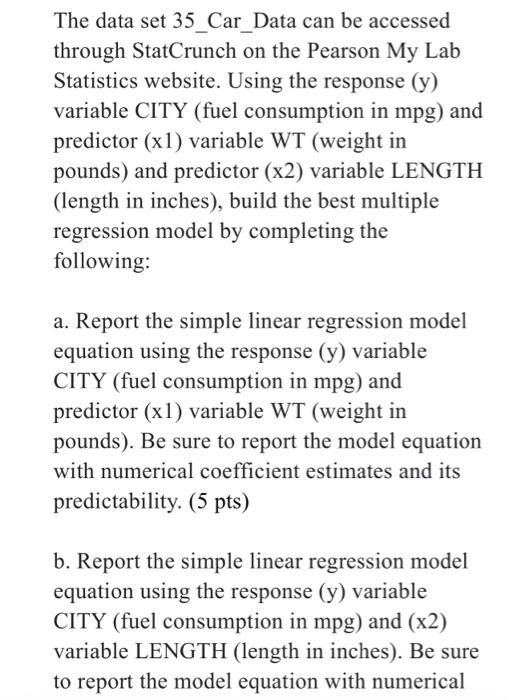Solved The data set 35_Car_Data can be accessed through | Chegg.com