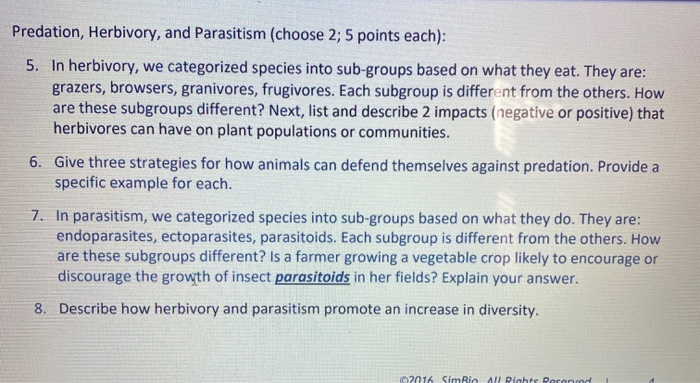 Solved Predation, Herbivory, and Parasitism (choose 2; 5 