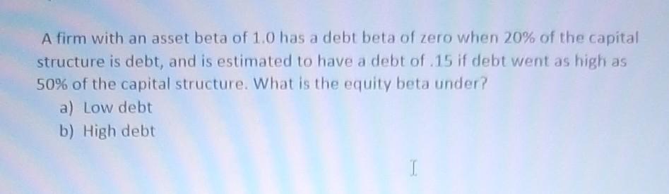 Solved A firm with an asset beta of 1.0 has a debt beta of | Chegg.com