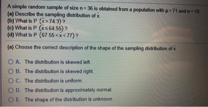 Solved A simple random sample of size n= 36 is obtained from | Chegg.com