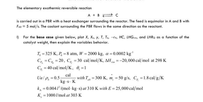 Solved The elementary exothermic reversible reaction A + BC | Chegg.com